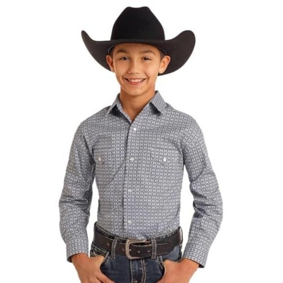 Panhandle RoughStock Boy's MED Long Sleeve Print Snap Western Shirt Navy - Picture 1 of 5